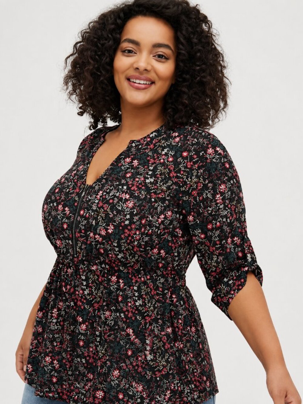 Torrid Babydoll Stretch Challis Zip Front Tunic Top Dark Floral 4X